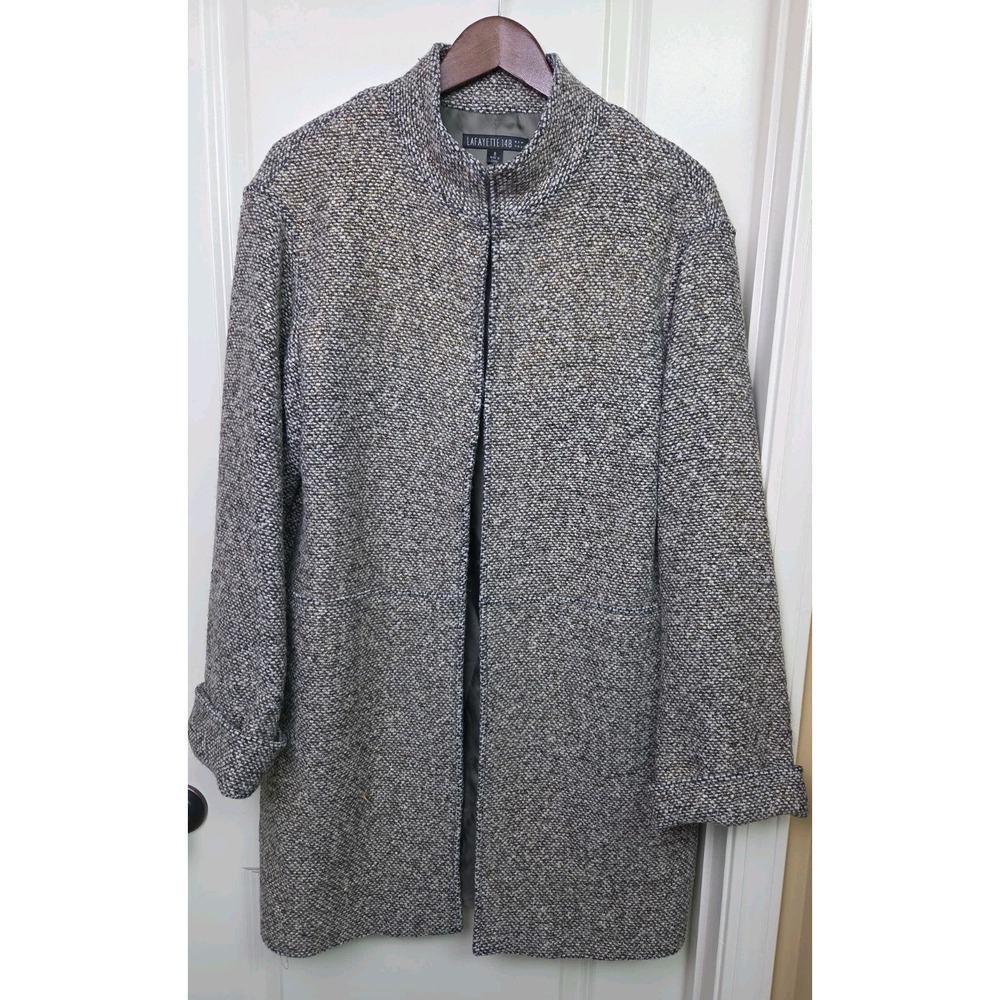 Y2K Lafayette 148 Open Front Wool Boucle Tweed Black Gold Longline Coat Size 8